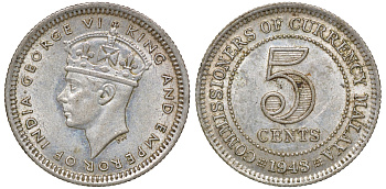 Британская Малайя 5 центов 1943 Георг VI (1937-1952) KM 3a серебро 53-152