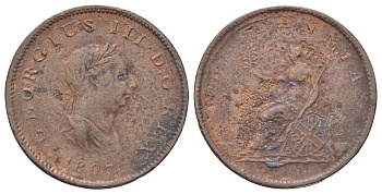 Великобритания 1/2 пенни 1807 Георг III (1760-1820) KM 662, Spink 3781 медь 4707-835