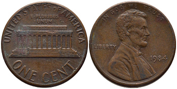 США 1 ЦЕНТ 1984 ЛИНКОЛЬН KM 201b цинк плакированный медью 66-1028
