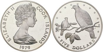 Острова Кука 5 долларов 1979 птицы - раратонгские фруктовые голуби KM 24 серебро PROOF 00-00
