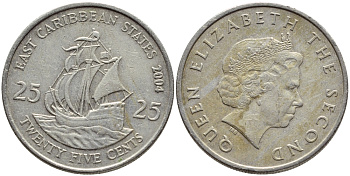 Восточно-Карибские штаты 25 центов 2004 Елизавета II (1952-2022), парусник KM 38 медно-никель 89-646