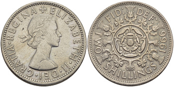 Великобритания 2 шиллинга (флорин) 1966 Елизавета II (1952-2022) KM 906, Spink 4146 медно-никель 67-836