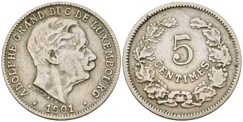 Люксембург 5 сантимов 1901 герцог Адольф (1890-1905) KM 24 медно-никель105-765
