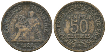 Франция 50 сантимов 1922 тип Chambre de Commerce KM 884, Le Franc 191.5 алюминиевая бронза 4615-649