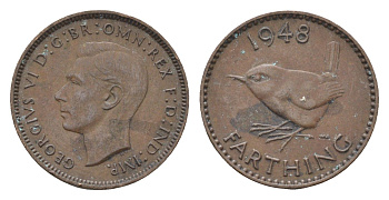 Великобритания 1 фартинг 1948 Георг VI (1936-1952) KM 843, Spink 4116 бронза 4664-355