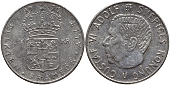 Швеция 1 крона 1970 Густав VI Адольф (1950-1973) KM 826a медь плакированная медно-никелем 4388-931