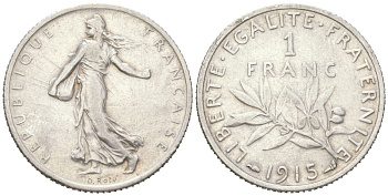 Франция 1 франк 1915 KM 844 серебро 4616-532