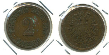 ГЕРМАНИЯ 2 ПФЕННИГА 1877 A, СТАРОГЕРБОВКА KM 2, J.2 медь 701-442