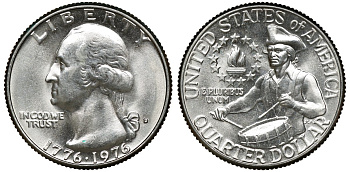 США 25 центов = квотер 1976 D, 200 лет независимости (1776-1976), Вашингтон, барабанщик KM 204 медь плакированная медно-никелем 72-511