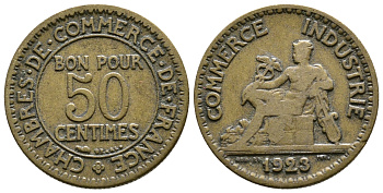ФРАНЦИЯ 50 САНТИМОВ 1923 CHAMBRES DE COMMERCE KM 834, LE FRANC 191.6 алюминиевая бронза 26-431