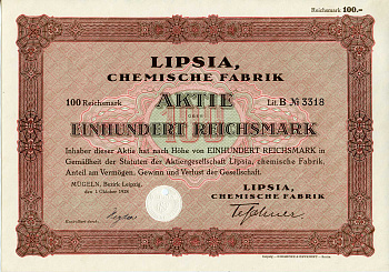 Германия 100 рейхсмарок 1928 АО Липсия, химический завод, акция   бумага   8803-12-1