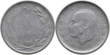 Турция 1 лира 1962 Мустафа Кемаль Ататюрк KM 889а.1 нержавеющая сталь 4541-1225