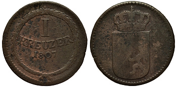 Баден 1 крейцер 1807 Великий Герцог Карл Людвиг Фридрих (1806-1811) KM 141 медь 1517-731