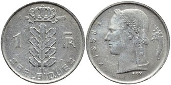 БЕЛЬГИЯ 1 ФРАНК 1959 BELGIQUE KM 142.1 медно-никель 4388-434