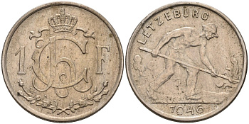 Люксембург 1 франк 1946 Шарлотта (1918-1964), сталевар KM 46.1 медно-никель 4116-1043