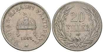 Венгрия 20 филлеров 1894 KB, Франц Иосиф I (1848-1916) KM 483 никель 4147-654