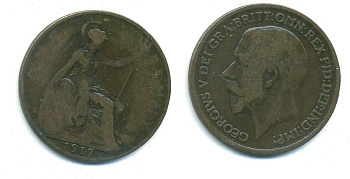 Великобритания 1 пенни 1917 Георг V (1910-1936) КМ 810, Spink 4051 бронза 37-1214