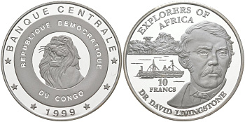 Конго 10 франков 1999 исследователи Африки - доктор Давид Ливингстон, тираж 10000 экз., в коробке, с сертификатом KM 20 серебро PROOF 3-4-3-48