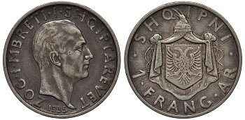 Албания 1 франга ари 1935 R, Ахмет Зогу I (1928-1939) KM 16 серебро 441-414