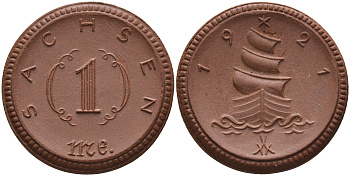 Саксония 1 марка 1921 парусник J. N 55 фарфор 1094-3-24