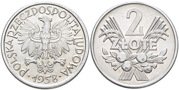 Польша 2 злотых 1958 MW KM 46, Parchimowicz 216a алюминий UNC 4185-1032