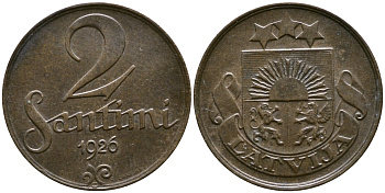 ЛАТВИЯ 2 САНТИМА 1926 ПЕРВАЯ РЕСПУБЛИКА (1918-1939) KM 2 бронза 86-636