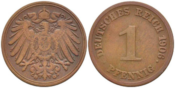 ГЕРМАНИЯ 1 ПФЕННИГ 1906 G KM 10, J. 10, Weege 2 медь 211-336