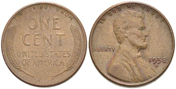 США 1 ЦЕНТ 1958 D, ЛИНКОЛЬН KM А132 медь цинк 218-1047