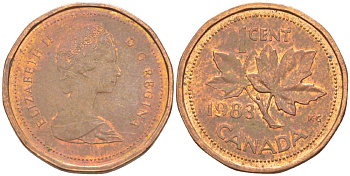 КАНАДА 1 ЦЕНТ 1983 КЛЕНОВЫЙ ЛИСТ, ЕЛИЗАВЕТА II (1953-) KM 132 бронза 4181-1267