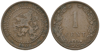 Нидерланды 1 цент 1906 Вильгельмина (1890-1948) KM 132 бронза 4154-1133