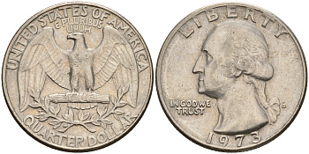 США 25 центов (квотер) 1973 Вашингтон KM 164а медь плакированная медно-никелем    4606-643
