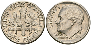 США 1 дайм - 10 центов 1984 D, Рузвельт KM 195а медь плакированная медно-никелем    4608-633