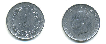 Турция 1 лира 1966 Мустафа Кемаль Ататюрк KM 889а.1 нержавеющая сталь 176-1124