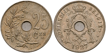 Бельгия 25 сантимов 1927 KM 69 медно-никель 4165-412