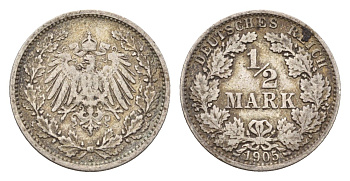 Германия 1/2 марки 1905 A KM 14, J. 17 серебро 4164-318