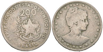 Бразилия 200 реалов 1901 MCMI, голова свободы вправо KM 504 медно-никель 4612-227