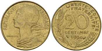 Франция 20 сантимов 1994 тип Marianne KM 930 алюминиевая бронза 4393-1134