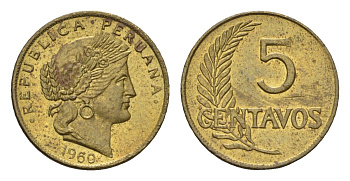 Перу 5 сентаво 1960 KM 223 латунь aUNC 4674-1228