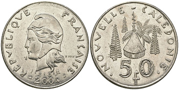 Французская Новая Каледония 50 франков 2004 хижина среди сосен и пальм, (IEOM) KM 13, Schoen 15, Lec 121 никель 111-1041