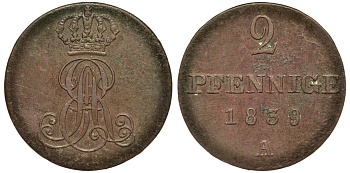 Ганновер 2 пфеннига 1839 A, Эрнст Август (1837-1851) KM 174.1, AKS 122, J. 55 медь 75-1712