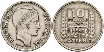 Франция 10 франков 1947  KM 909.1 медно-никель    4153-455