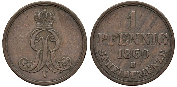 Ганновер 1 пфенниг 1860 B, Георг V KM 233, AKS 156, J. 90 медь 4594-235