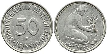 ФРГ 50 ПФЕННИГОВ 1982 F КМ 109.2 J.384a медно-никель 4392-1053