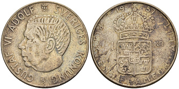 Швеция 1 крона 1957 TS, Густав VI Адольф (1950-1973) KM 826 серебро 179-853