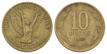Чили 10 песо 1988 KM 218 латунь 4155-136