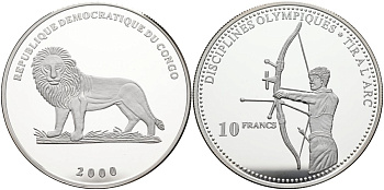 Конго 10 франков 2000 олимпийские дисциплины, стрельба из лука KM 51 серебро PROOF 04-319-11