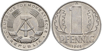 ГДР 1 пфенниг 1968 A KM 8.1 алюминий 105-541