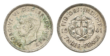 Великобритания 3 пенса 1941 Георг VI (1936-1952) KM 848, Spink 4085 серебро 100-761