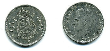 ИСПАНИЯ 5 ПЕСЕТ 1982 ХУАН КАРЛОС I KM 823 медно-никель 51-4444