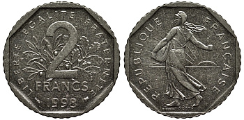 Франция 2 франка 1998 сеятель, тираж 45025013 экземпляров KM 942.1 никель 3855-846